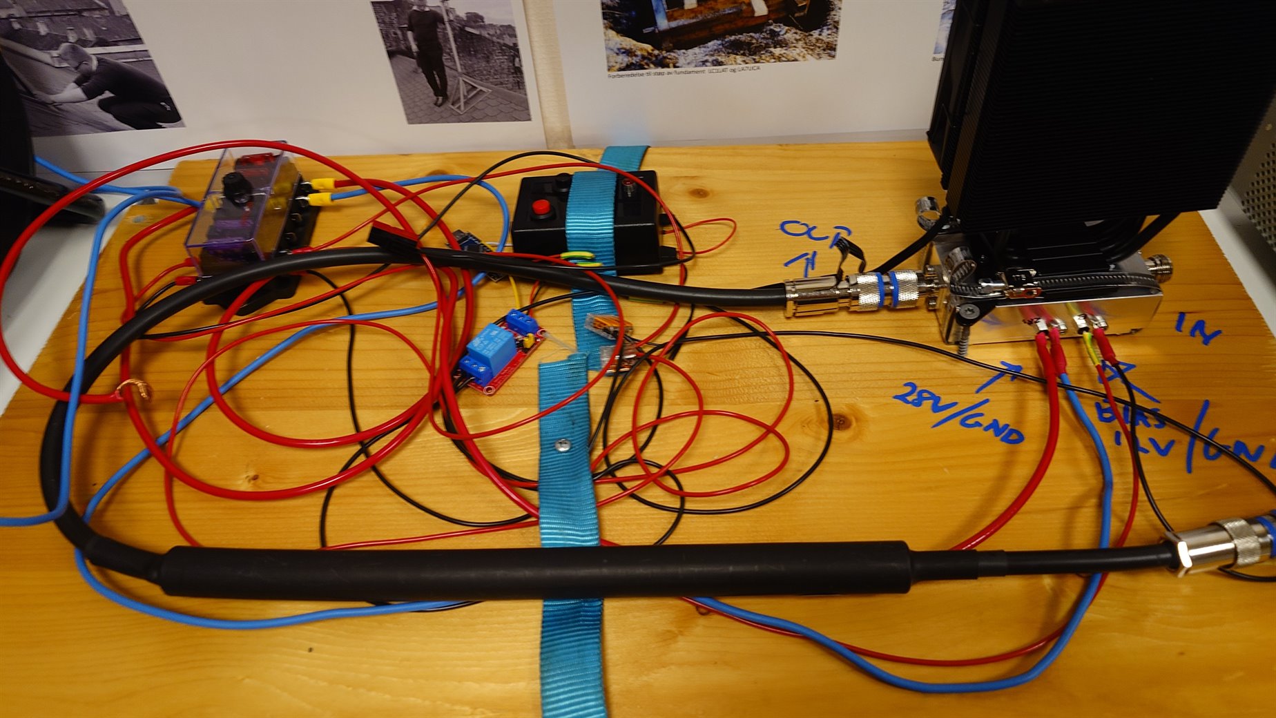 The PE1RKI amplifier and its support electronics mounted on a wooden board