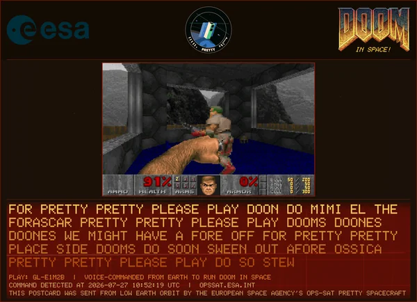 DOOM postcard generated aboard OPS-SAT PRETTY